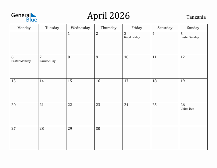 April 2026 Calendar Tanzania