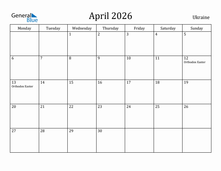 April 2026 Calendar Ukraine