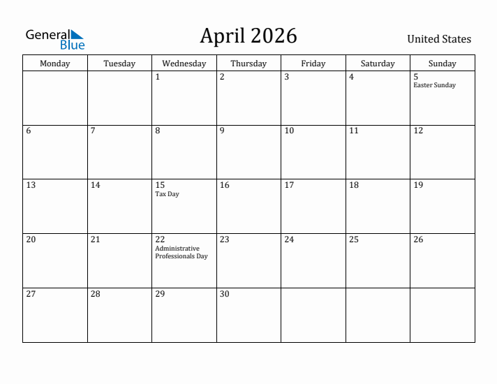 April 2026 Calendar United States