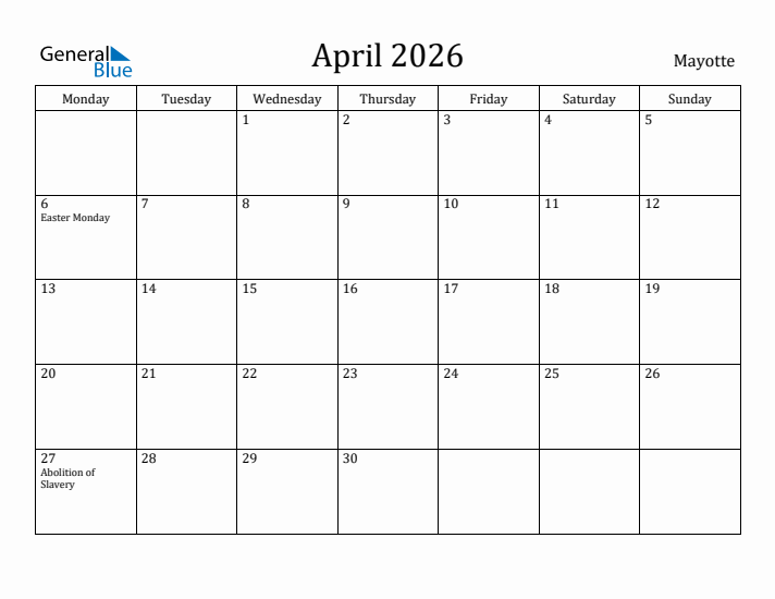 April 2026 Calendar Mayotte