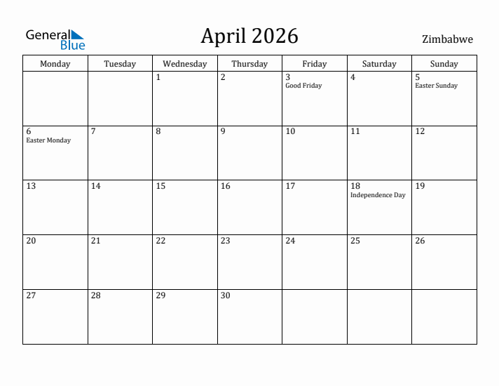 April 2026 Calendar Zimbabwe