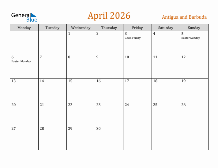 April 2026 Holiday Calendar with Monday Start