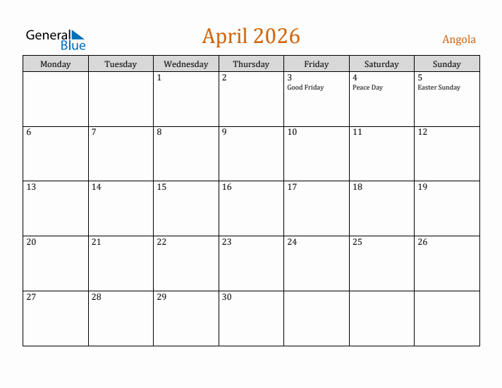 April 2026 Holiday Calendar with Monday Start