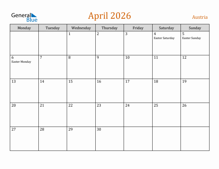 April 2026 Holiday Calendar with Monday Start