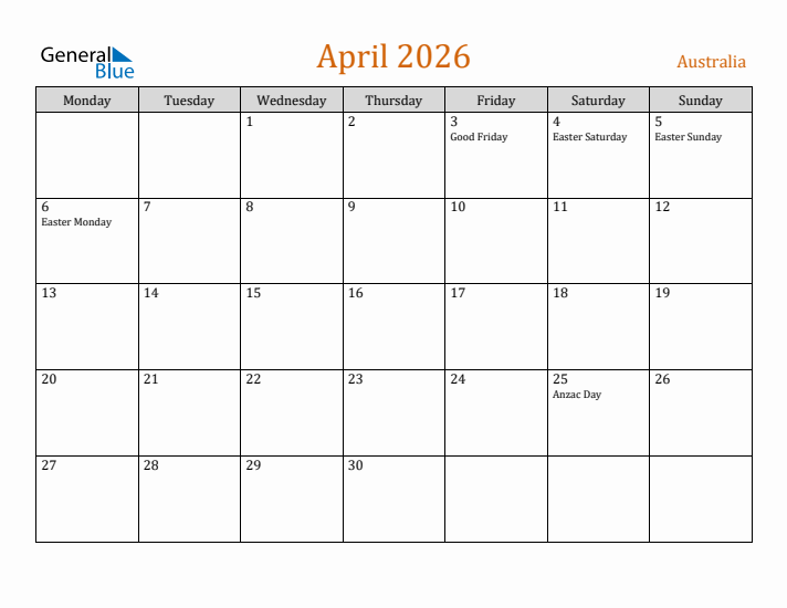 April 2026 Holiday Calendar with Monday Start