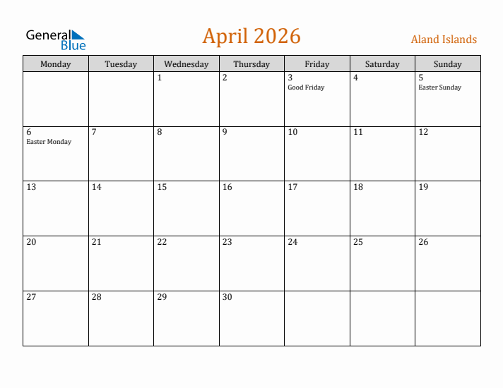 April 2026 Holiday Calendar with Monday Start