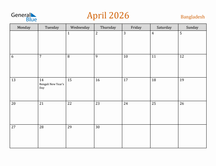 April 2026 Holiday Calendar with Monday Start