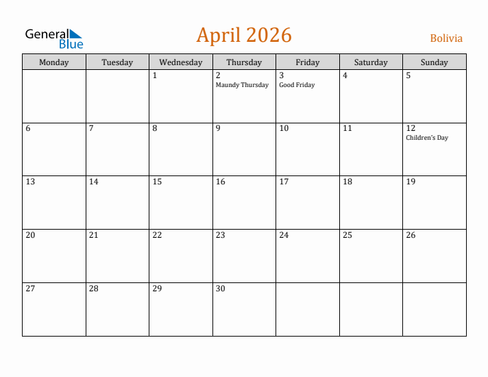 April 2026 Holiday Calendar with Monday Start