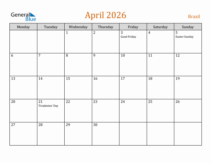 April 2026 Holiday Calendar with Monday Start