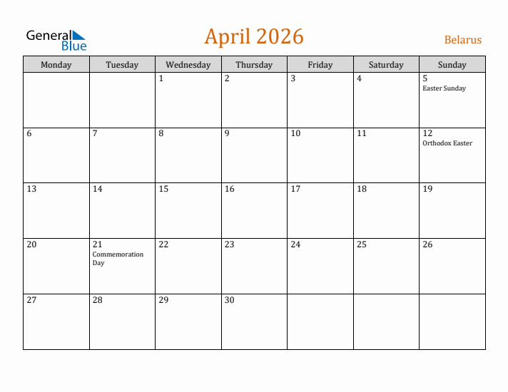 April 2026 Holiday Calendar with Monday Start