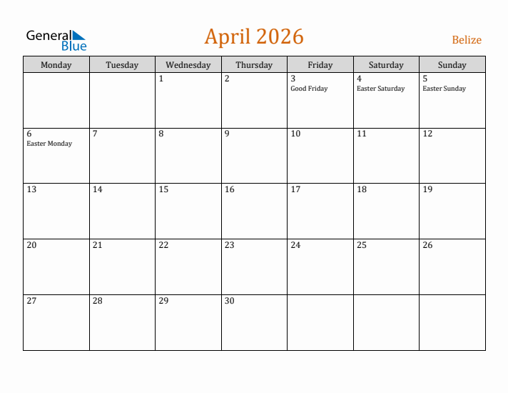 April 2026 Holiday Calendar with Monday Start