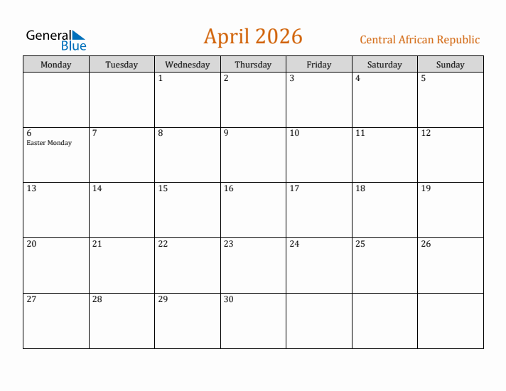 April 2026 Holiday Calendar with Monday Start