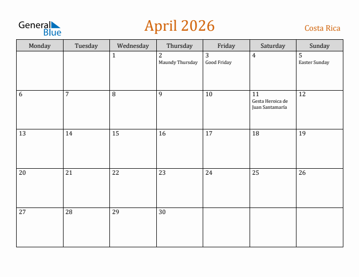 April 2026 Holiday Calendar with Monday Start