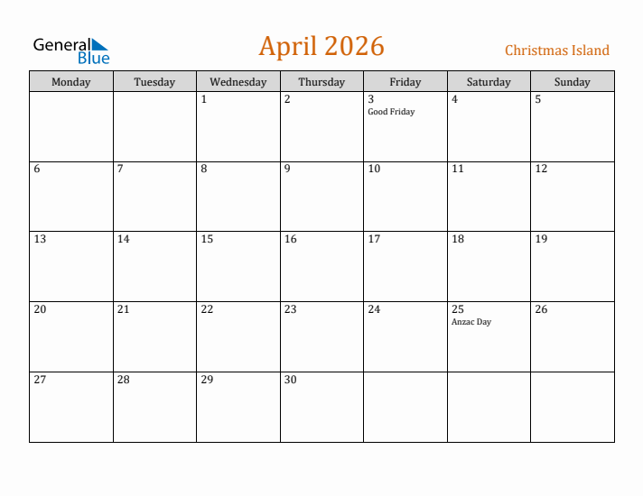 April 2026 Holiday Calendar with Monday Start