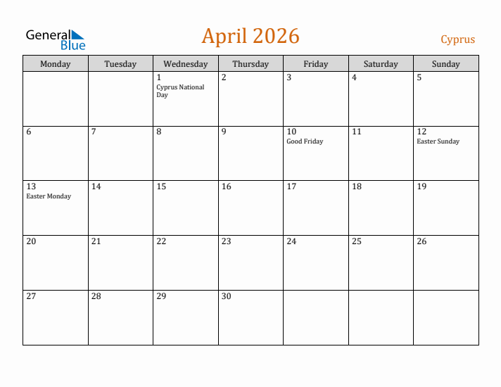 April 2026 Holiday Calendar with Monday Start