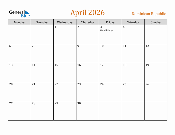 April 2026 Holiday Calendar with Monday Start