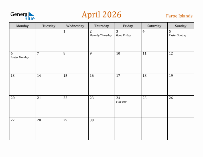 April 2026 Holiday Calendar with Monday Start