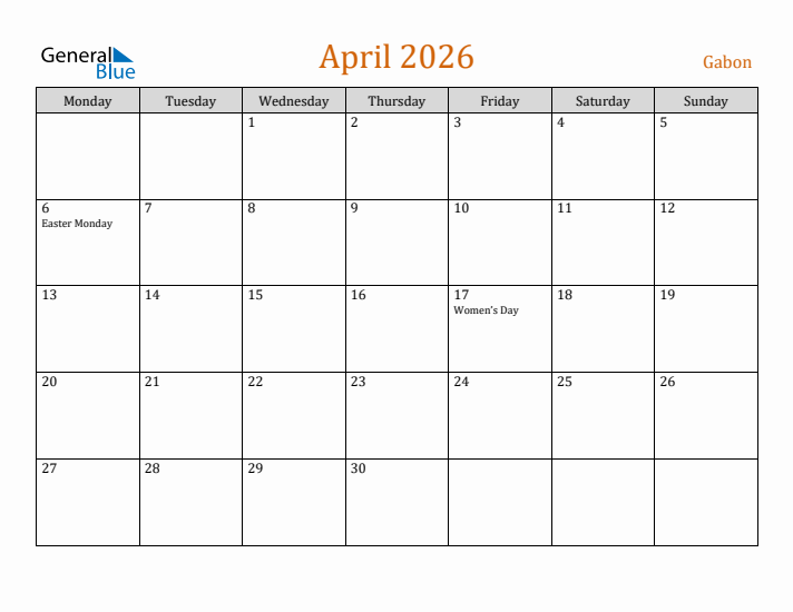 April 2026 Holiday Calendar with Monday Start