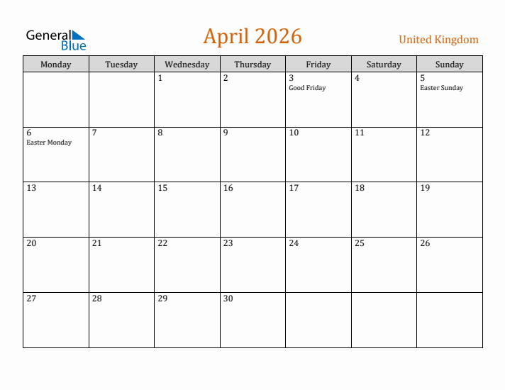 April 2026 Holiday Calendar with Monday Start