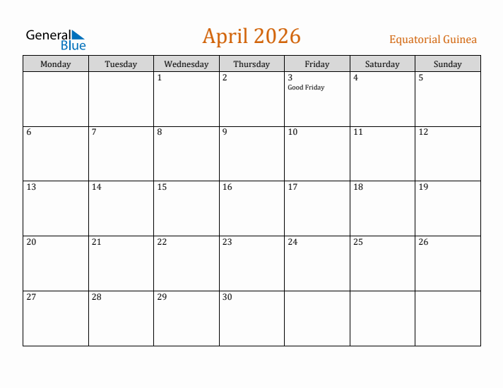 April 2026 Holiday Calendar with Monday Start