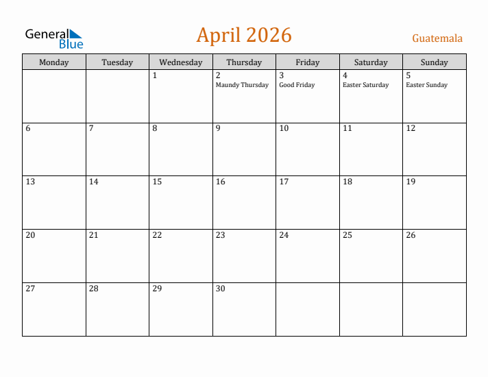 April 2026 Holiday Calendar with Monday Start