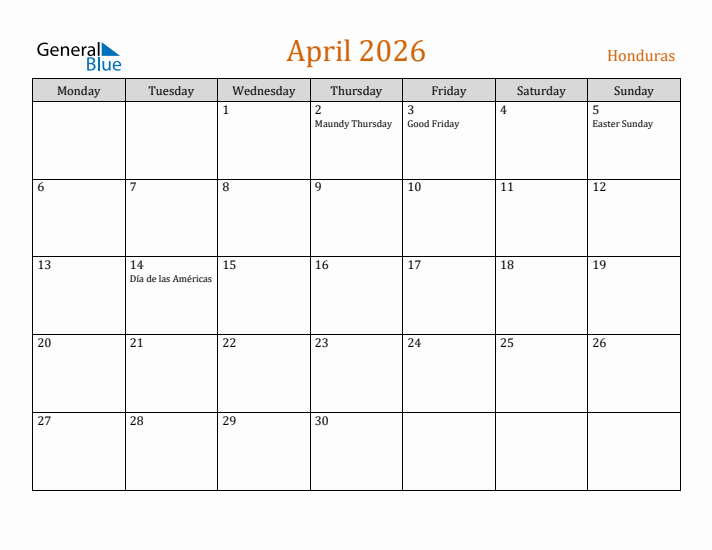 April 2026 Holiday Calendar with Monday Start