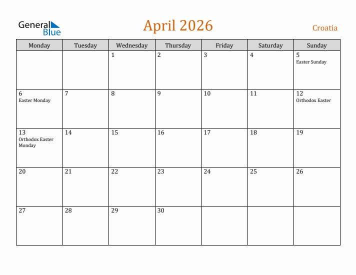 April 2026 Holiday Calendar with Monday Start