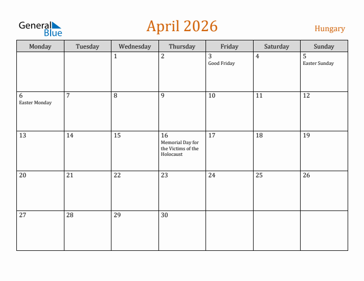 April 2026 Holiday Calendar with Monday Start