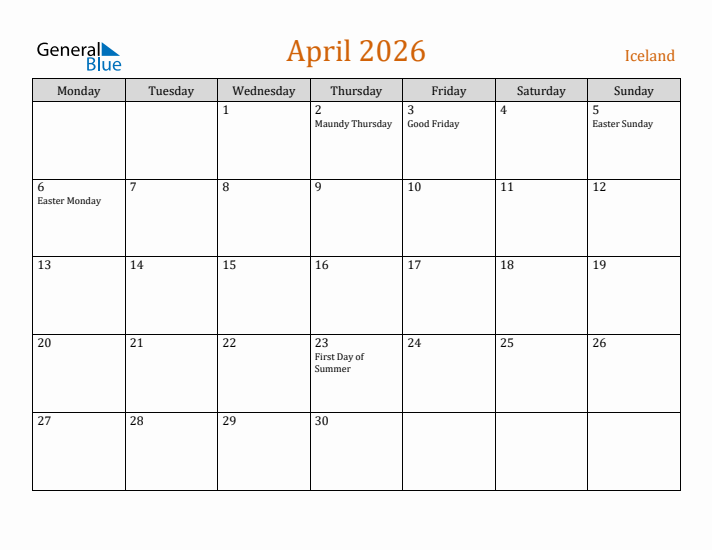 April 2026 Holiday Calendar with Monday Start