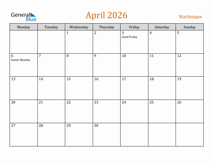 April 2026 Holiday Calendar with Monday Start