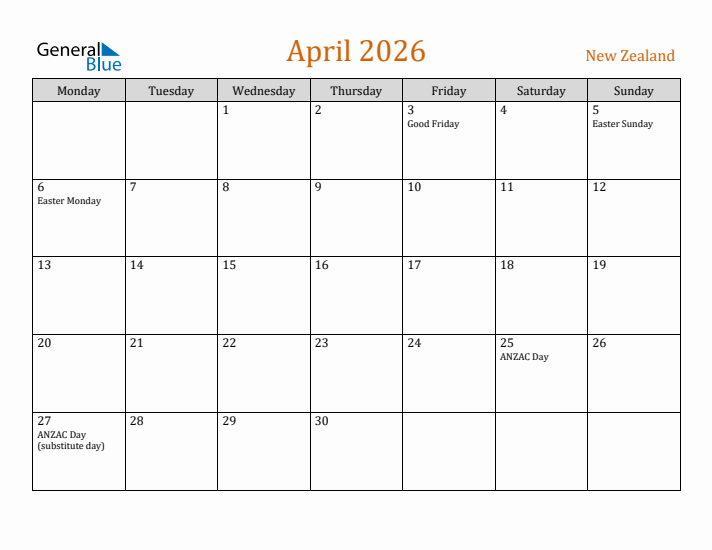 April 2026 Holiday Calendar with Monday Start