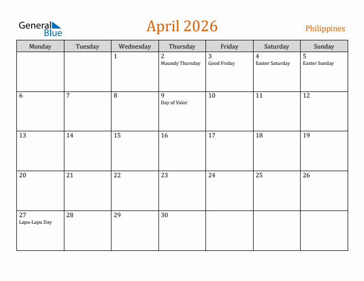 April 2026 Holiday Calendar with Monday Start