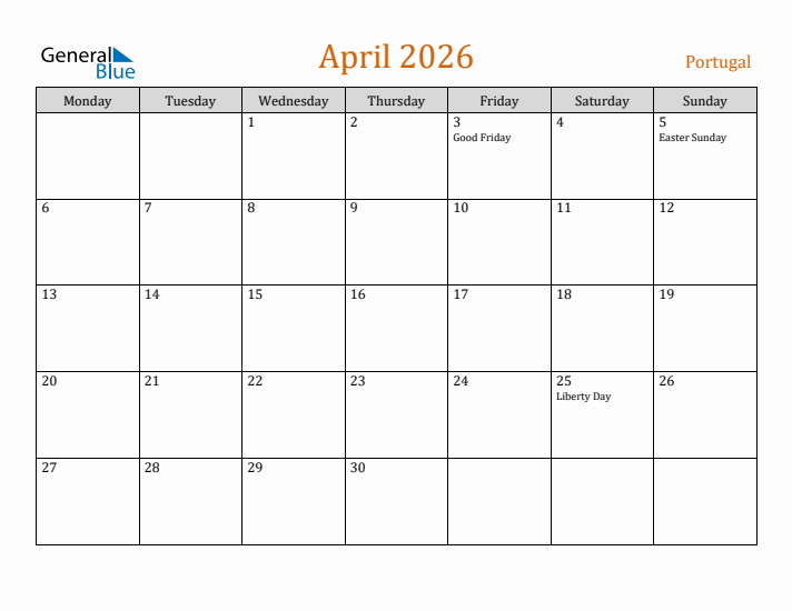 April 2026 Holiday Calendar with Monday Start