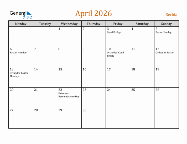 April 2026 Holiday Calendar with Monday Start