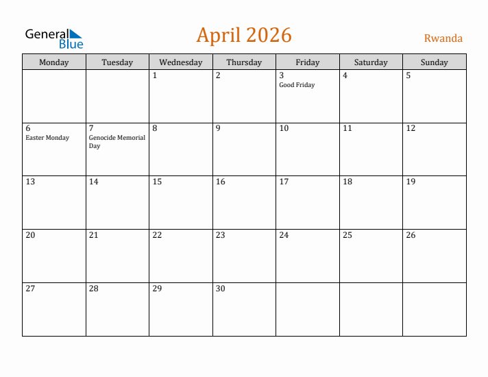 April 2026 Holiday Calendar with Monday Start