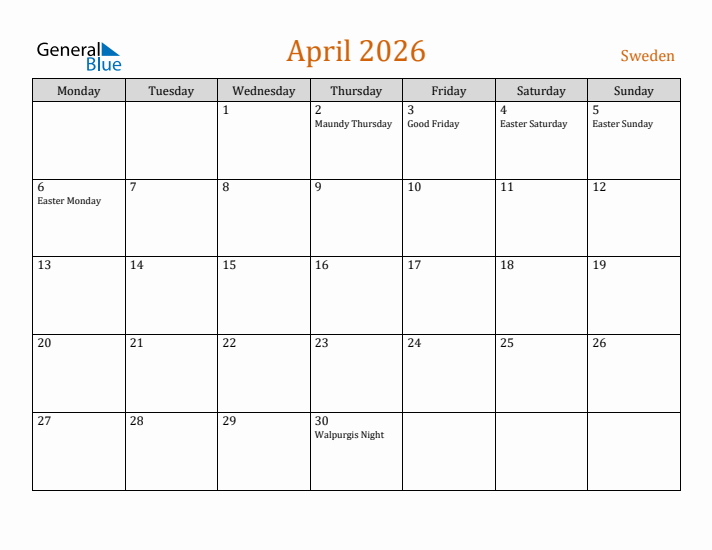 April 2026 Holiday Calendar with Monday Start