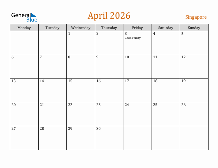 April 2026 Holiday Calendar with Monday Start