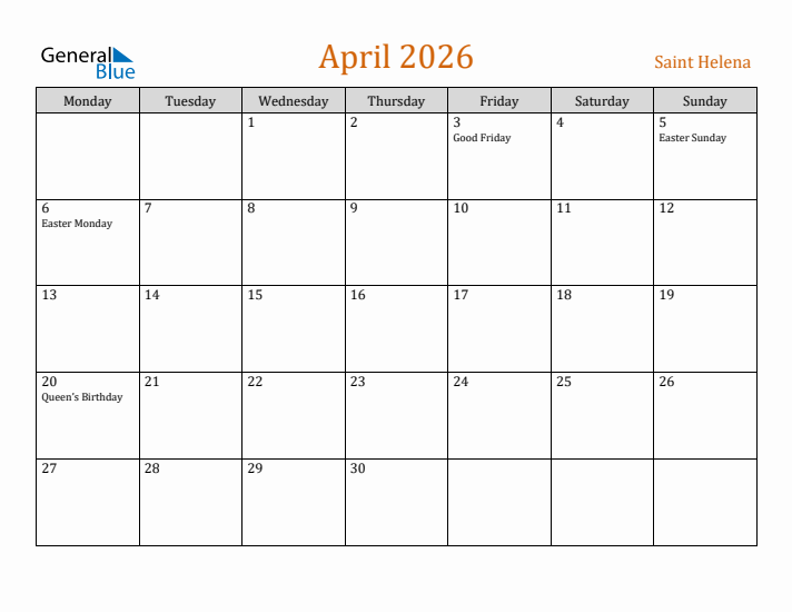 April 2026 Holiday Calendar with Monday Start