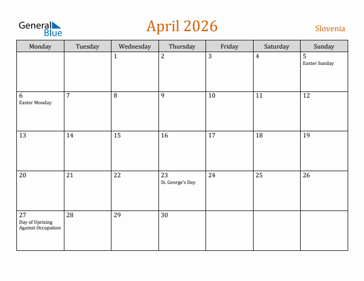 April 2026 Holiday Calendar with Monday Start