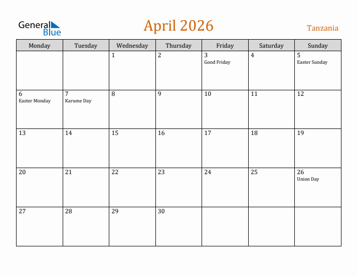 April 2026 Holiday Calendar with Monday Start