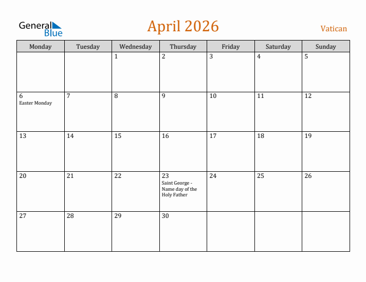 April 2026 Holiday Calendar with Monday Start