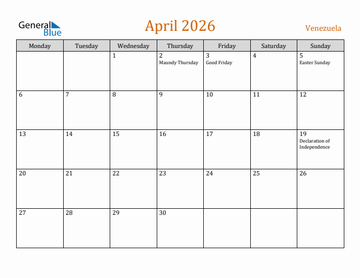 April 2026 Holiday Calendar with Monday Start