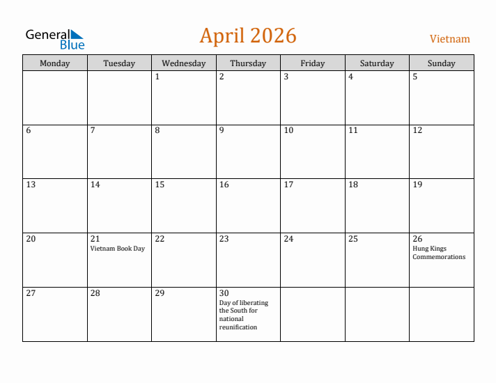 April 2026 Holiday Calendar with Monday Start