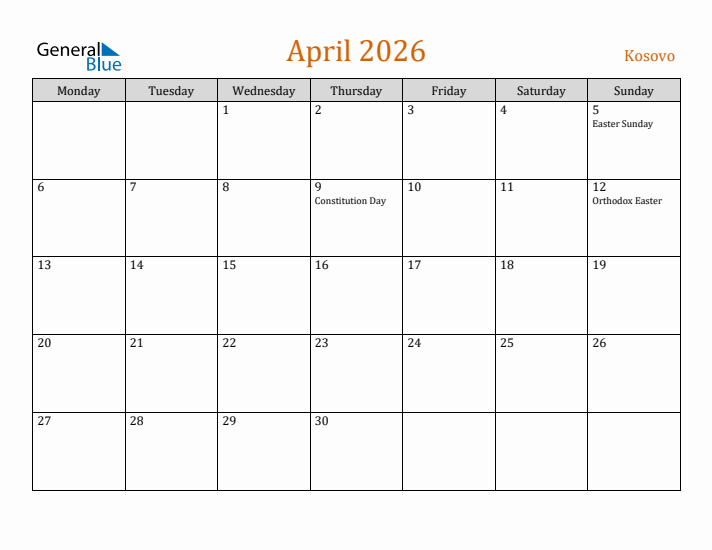 April 2026 Holiday Calendar with Monday Start