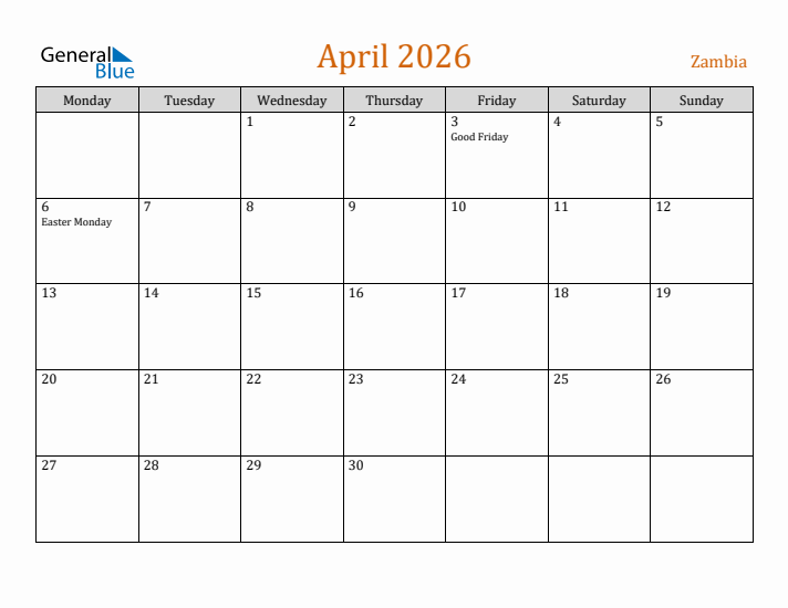 April 2026 Holiday Calendar with Monday Start