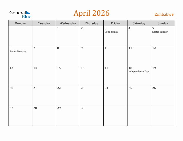 April 2026 Holiday Calendar with Monday Start