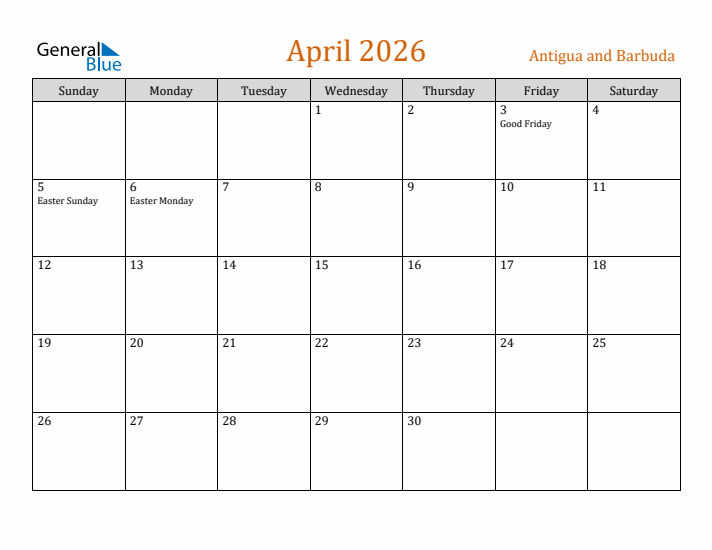 April 2026 Holiday Calendar with Sunday Start