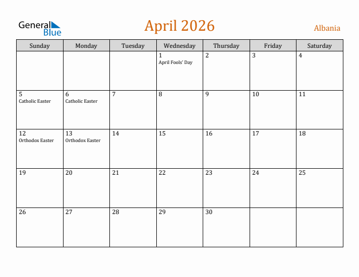 April 2026 Holiday Calendar with Sunday Start