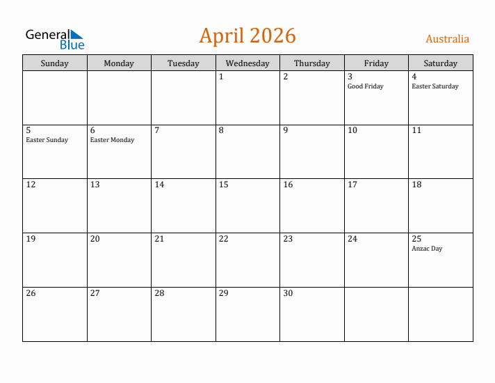 April 2026 Holiday Calendar with Sunday Start