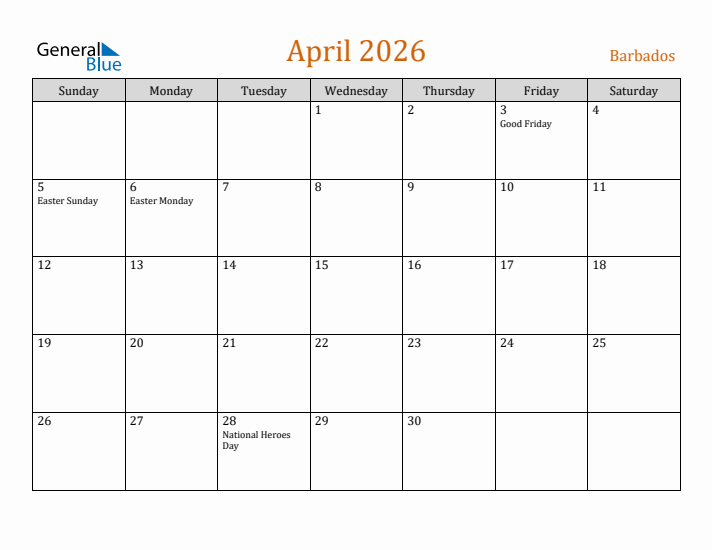 April 2026 Holiday Calendar with Sunday Start